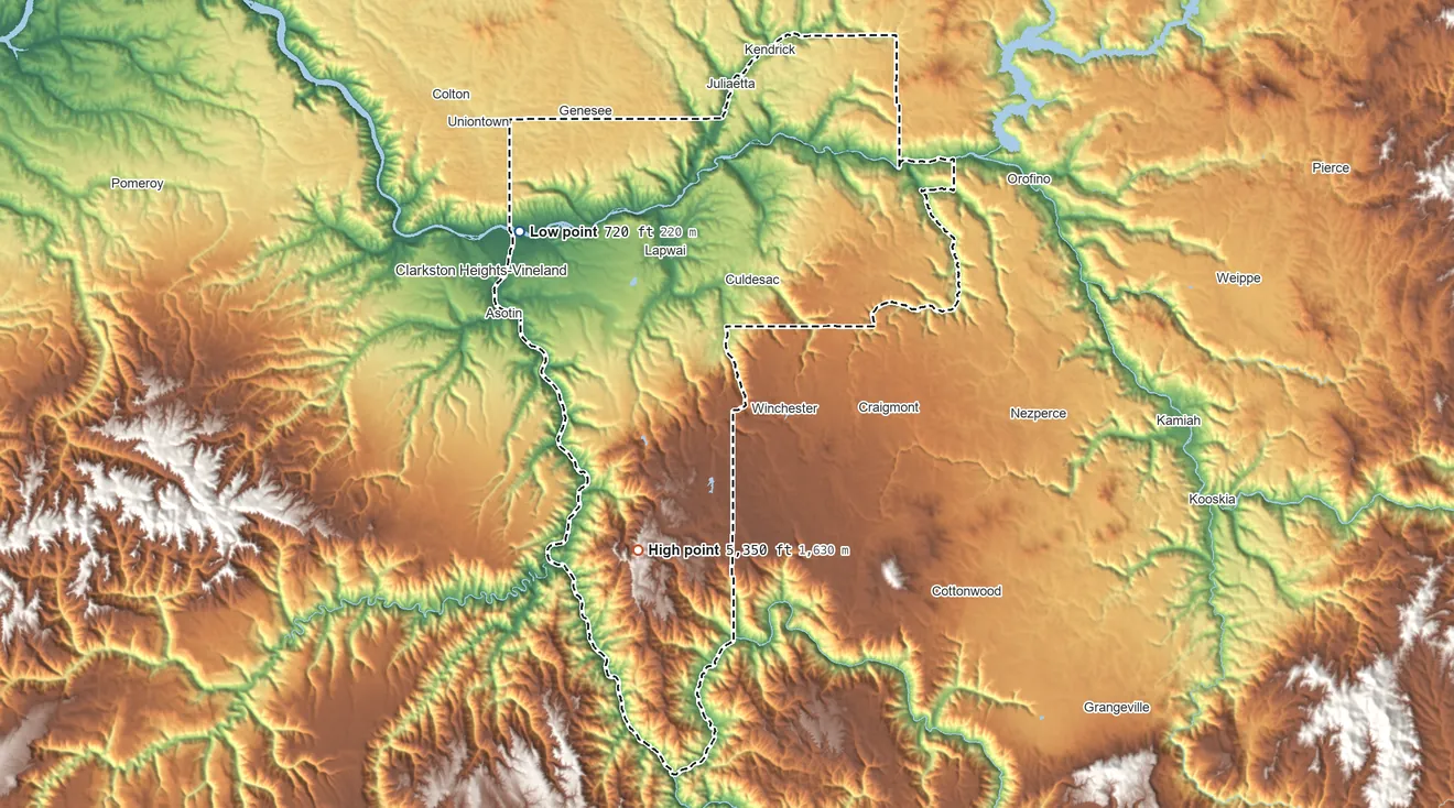 Topographic elevation map of Nez Perce County, Idaho, shaded from 720 ft on the northwest side to 5,350 ft on the southwest side
