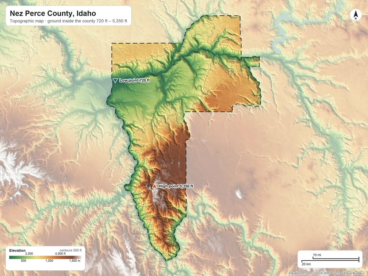 Topographic elevation map of Nez Perce County, Idaho, shaded from 720 ft on the northwest side to 5,350 ft on the southwest side