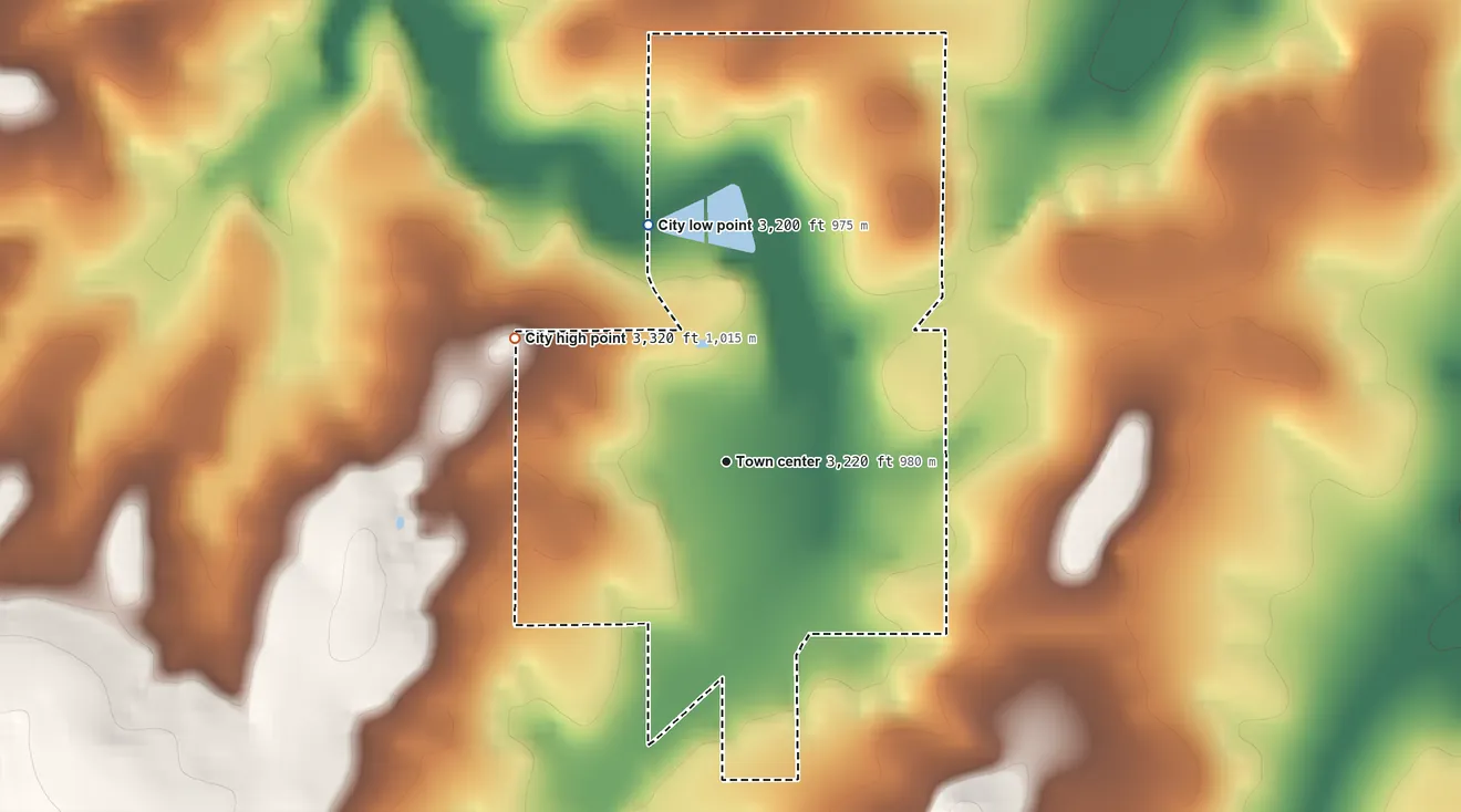 Topographic elevation map of Nezperce, Idaho, shaded from 3,200 ft on the north side to 3,320 ft on the northwest side