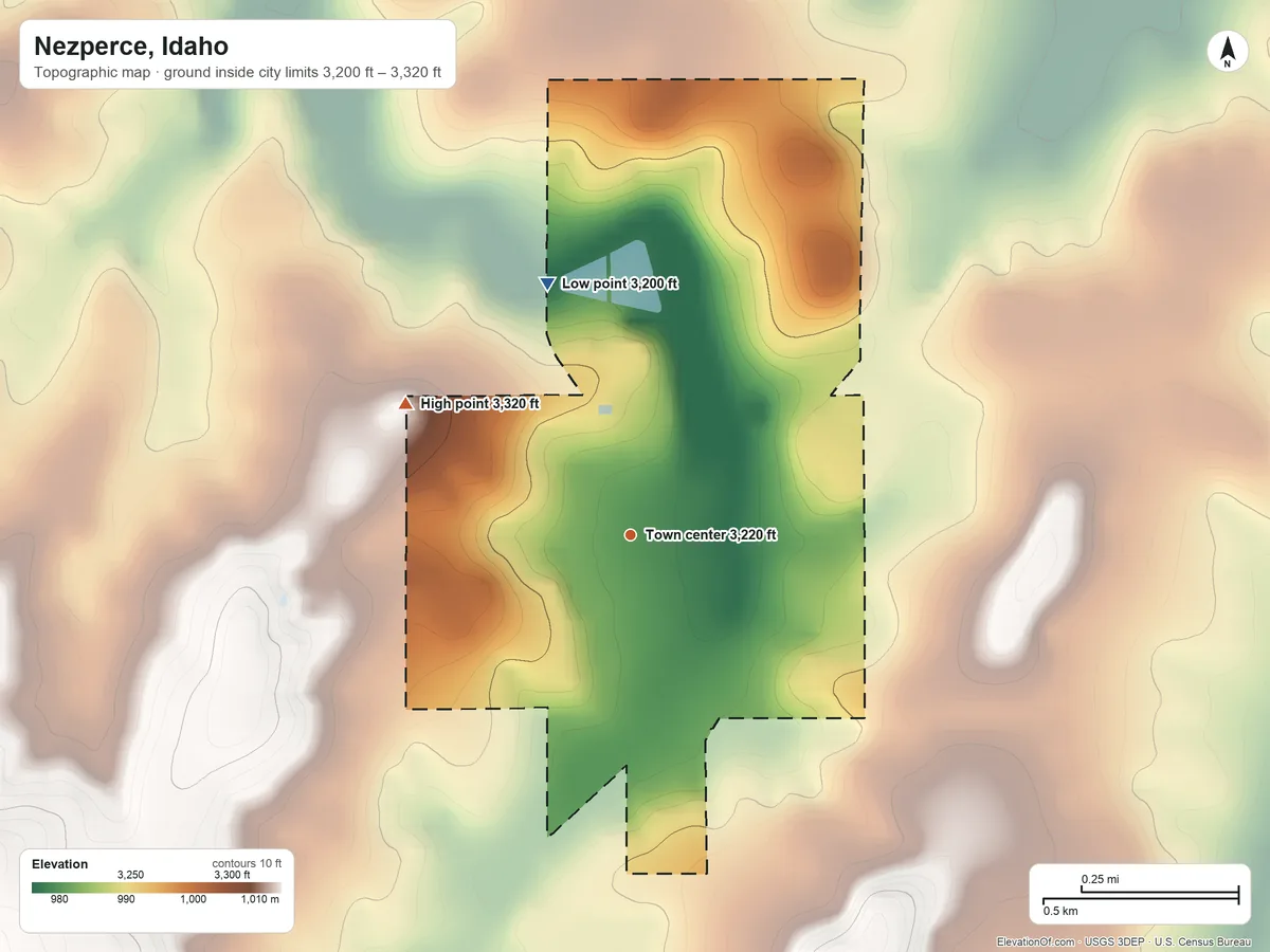 Topographic elevation map of Nezperce, Idaho, shaded from 3,200 ft on the north side to 3,320 ft on the northwest side