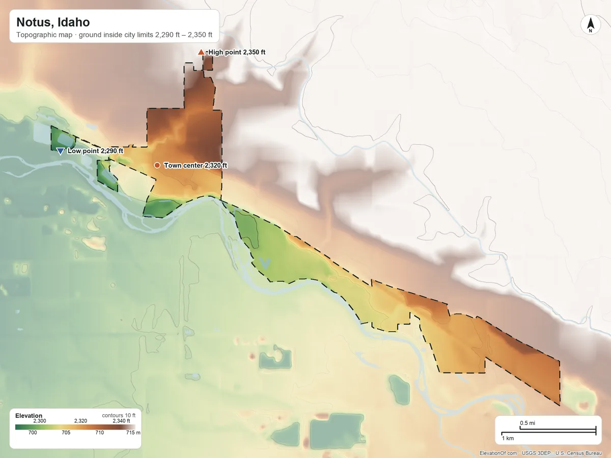 Topographic elevation map of Notus, Idaho, shaded from 2,290 ft on the west side to 2,350 ft on the north side