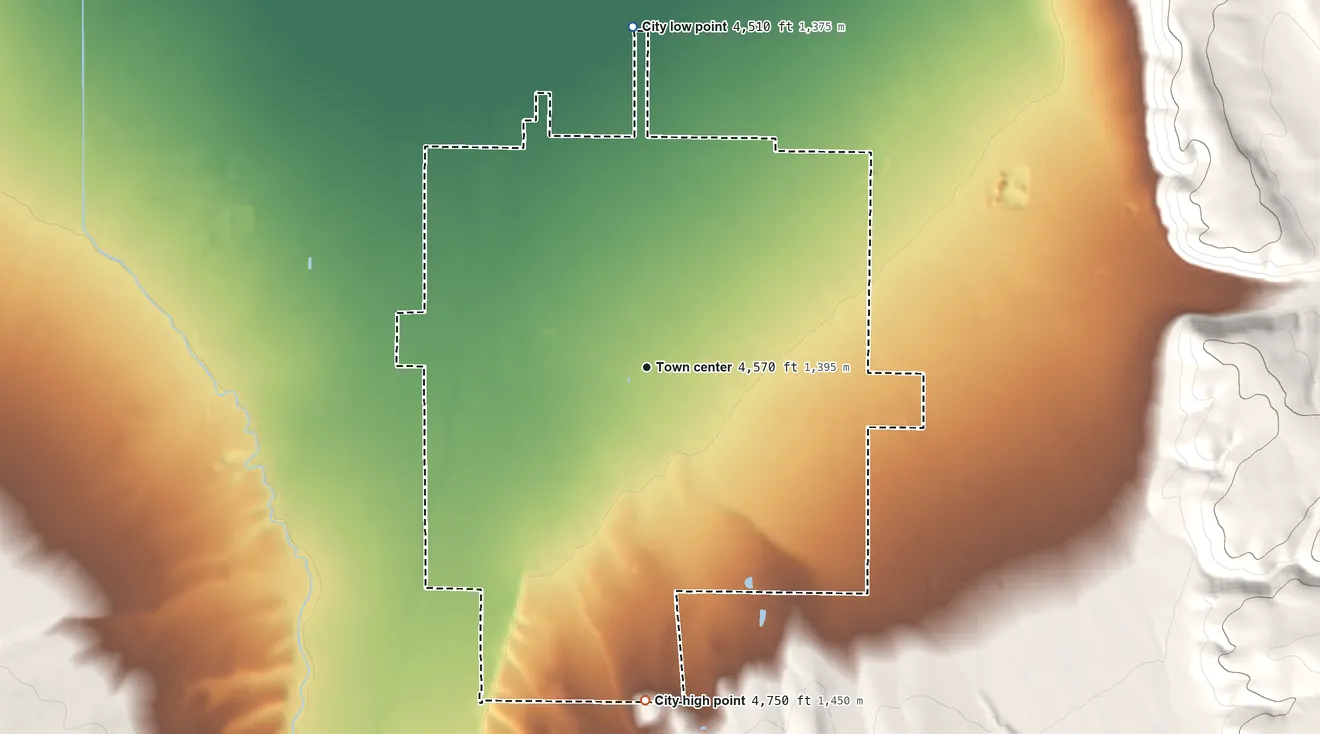 Topographic elevation map of Oakley, Idaho, shaded from 4,510 ft on the north side to 4,750 ft at the foot of the Middle Mountain