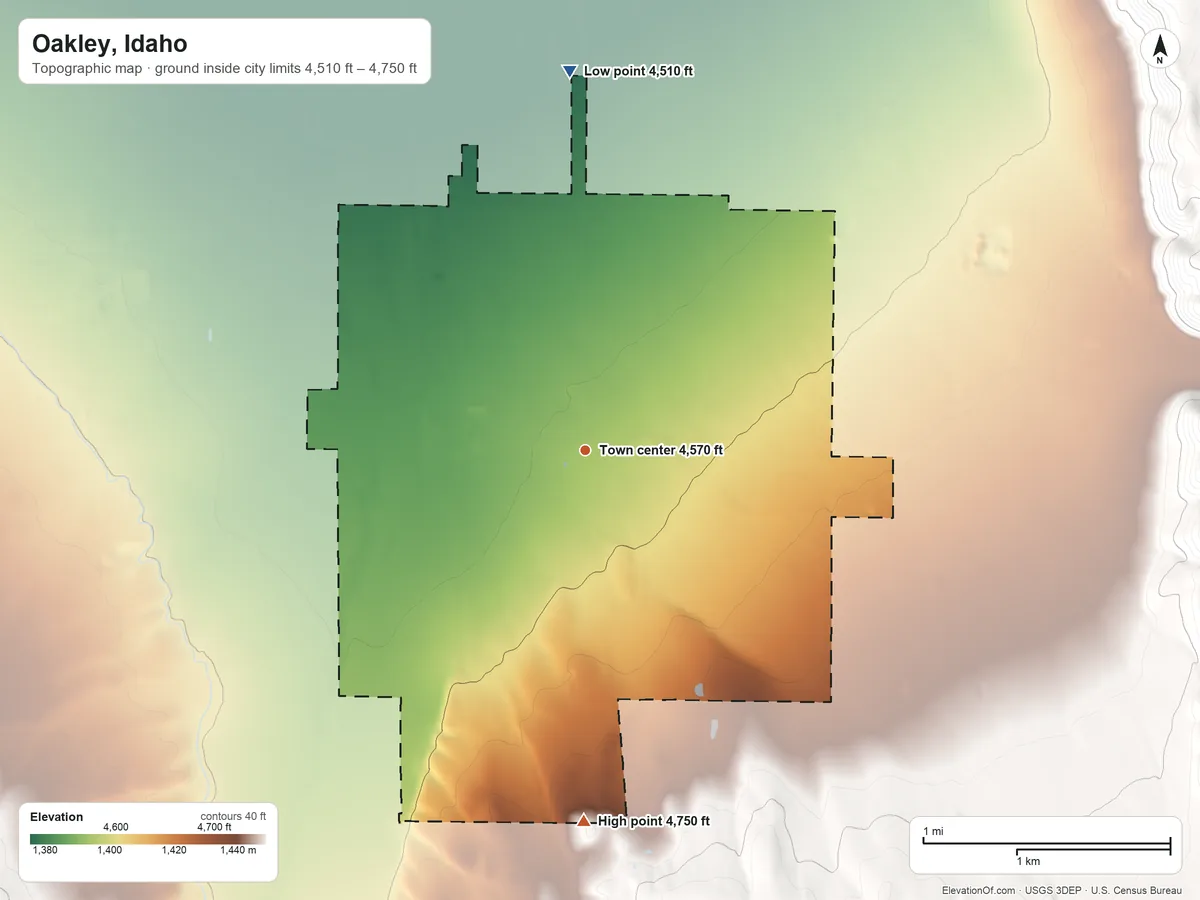 Topographic elevation map of Oakley, Idaho, shaded from 4,510 ft on the north side to 4,750 ft at the foot of the Middle Mountain