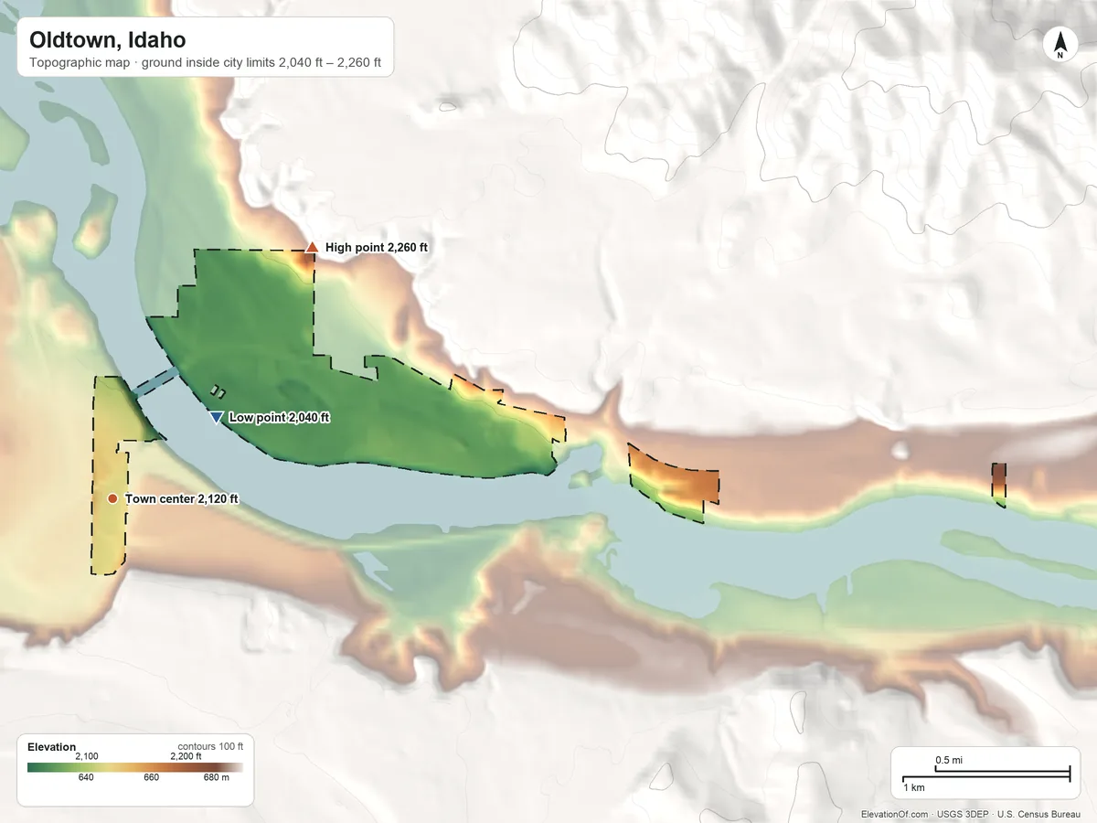 Topographic elevation map of Oldtown, Idaho, shaded from 2,040 ft on the northeast side to 2,260 ft on the northeast edge, below higher ground just outside