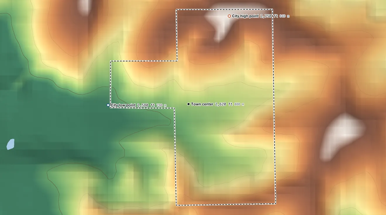 Topographic elevation map of Onaway, Idaho, shaded from 2,580 ft on the west side to 2,750 ft on the northeast side