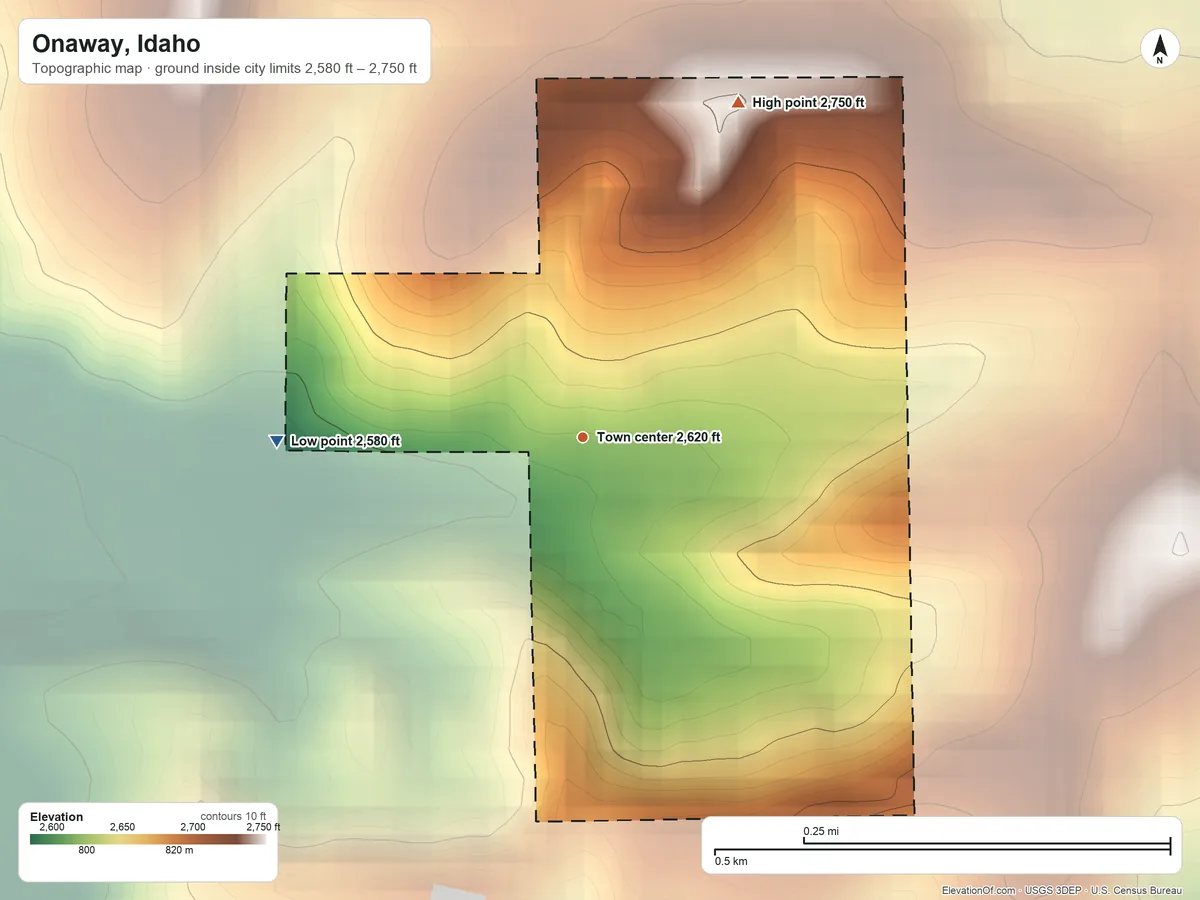Topographic elevation map of Onaway, Idaho, shaded from 2,580 ft on the west side to 2,750 ft on the northeast side