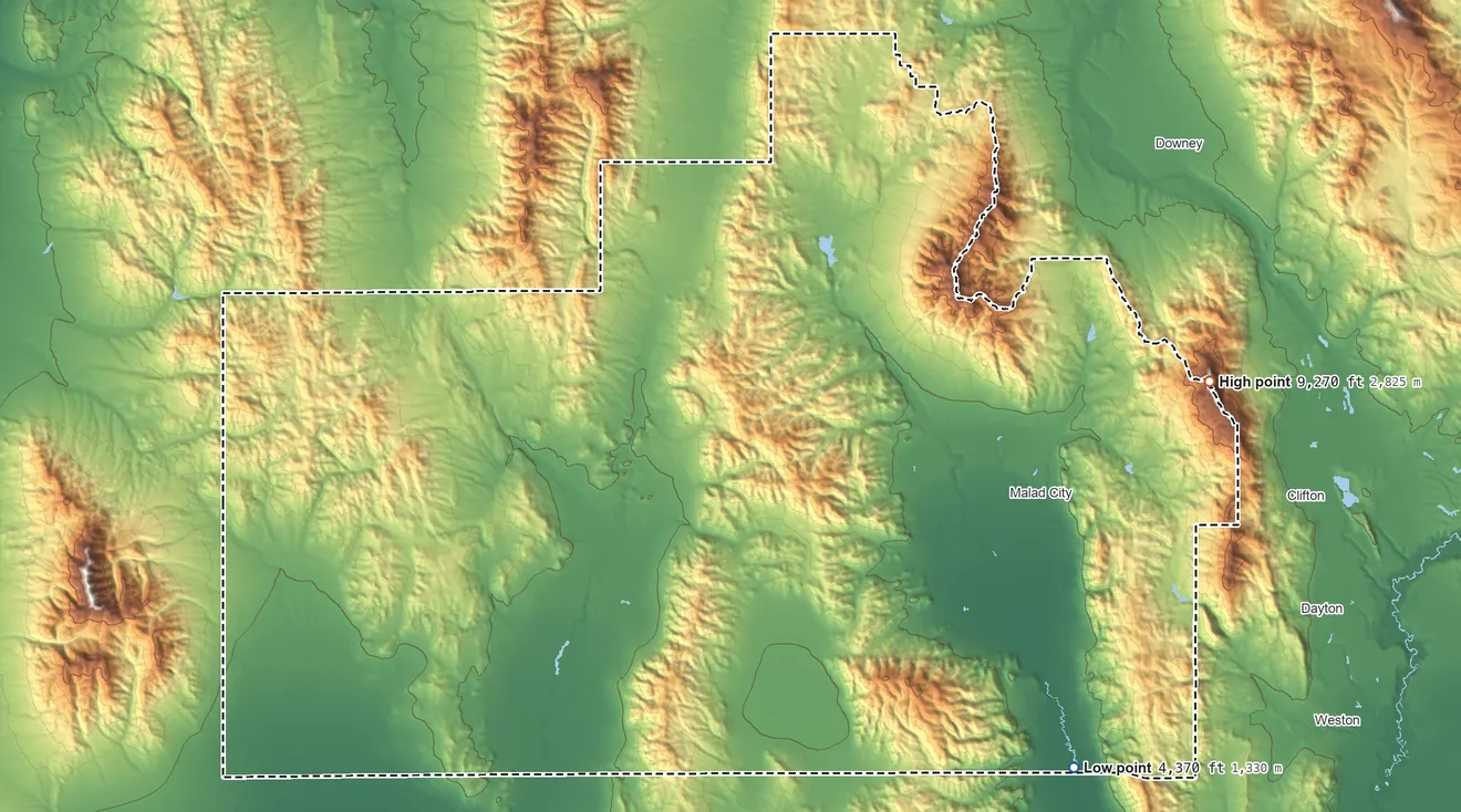 Topographic elevation map of Oneida County, Idaho, shaded from 4,370 ft on the southeast side to 9,270 ft on Oxford Peak