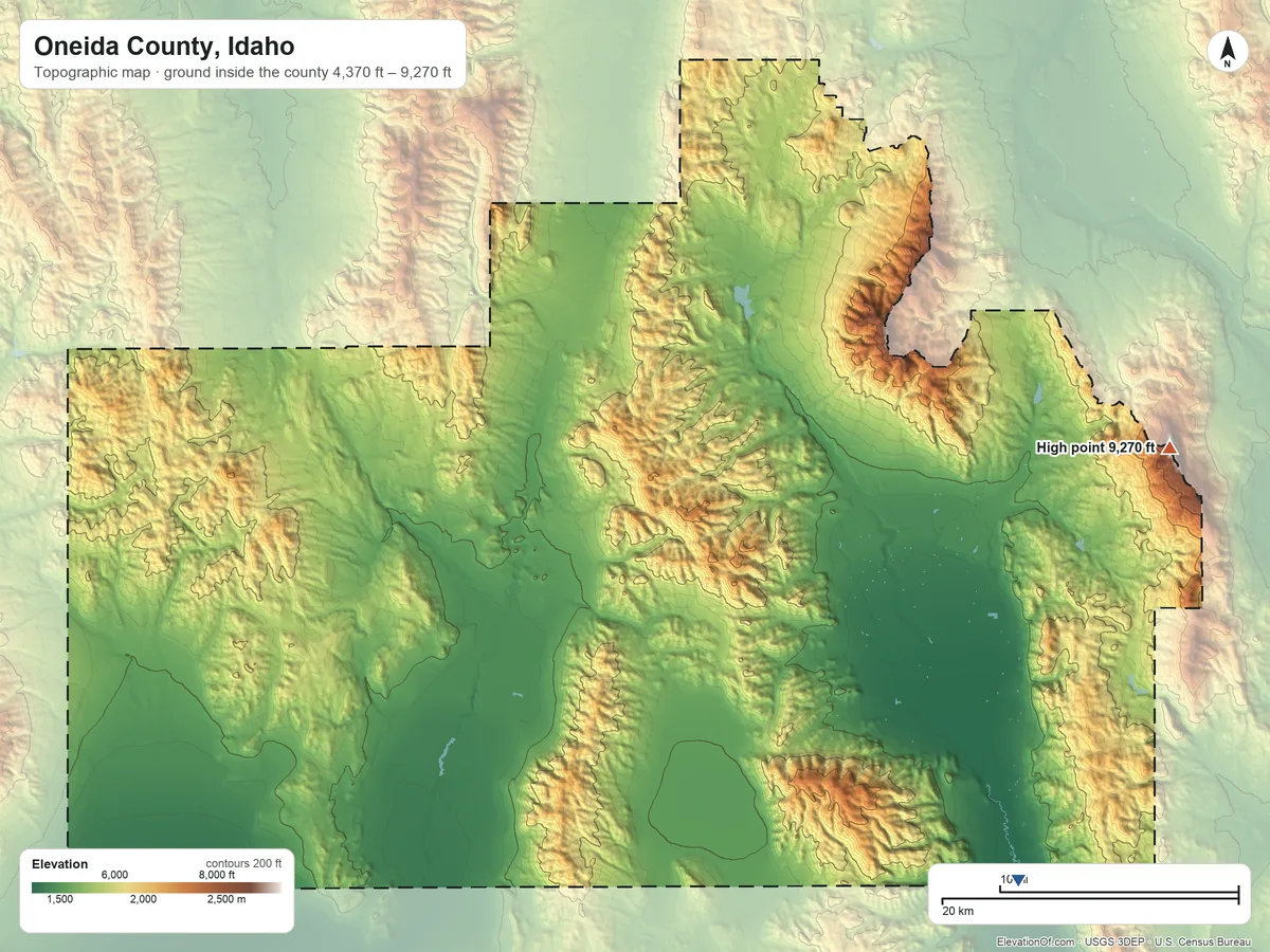 Topographic elevation map of Oneida County, Idaho, shaded from 4,370 ft on the southeast side to 9,270 ft on Oxford Peak
