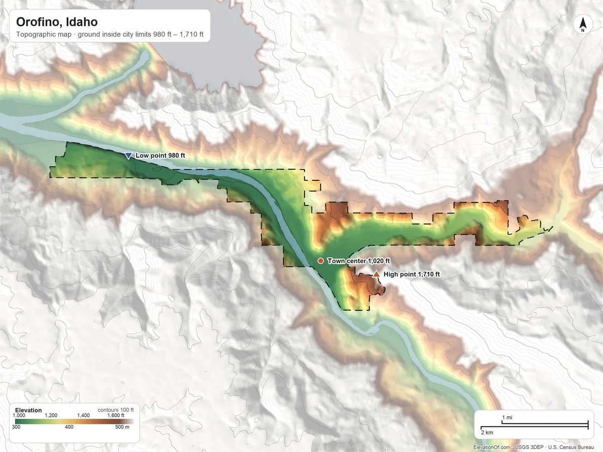Topographic elevation map of Orofino, Idaho, shaded from 980 ft on the northwest side to 1,710 ft on the east edge, below higher ground just outside