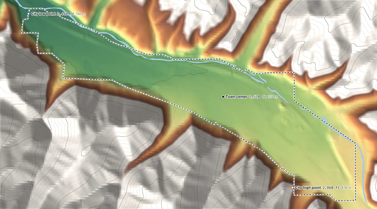 Topographic elevation map of Osburn, Idaho, shaded from 2,440 ft on the northwest side to 2,860 ft at the foot of the St. Joe Mountains