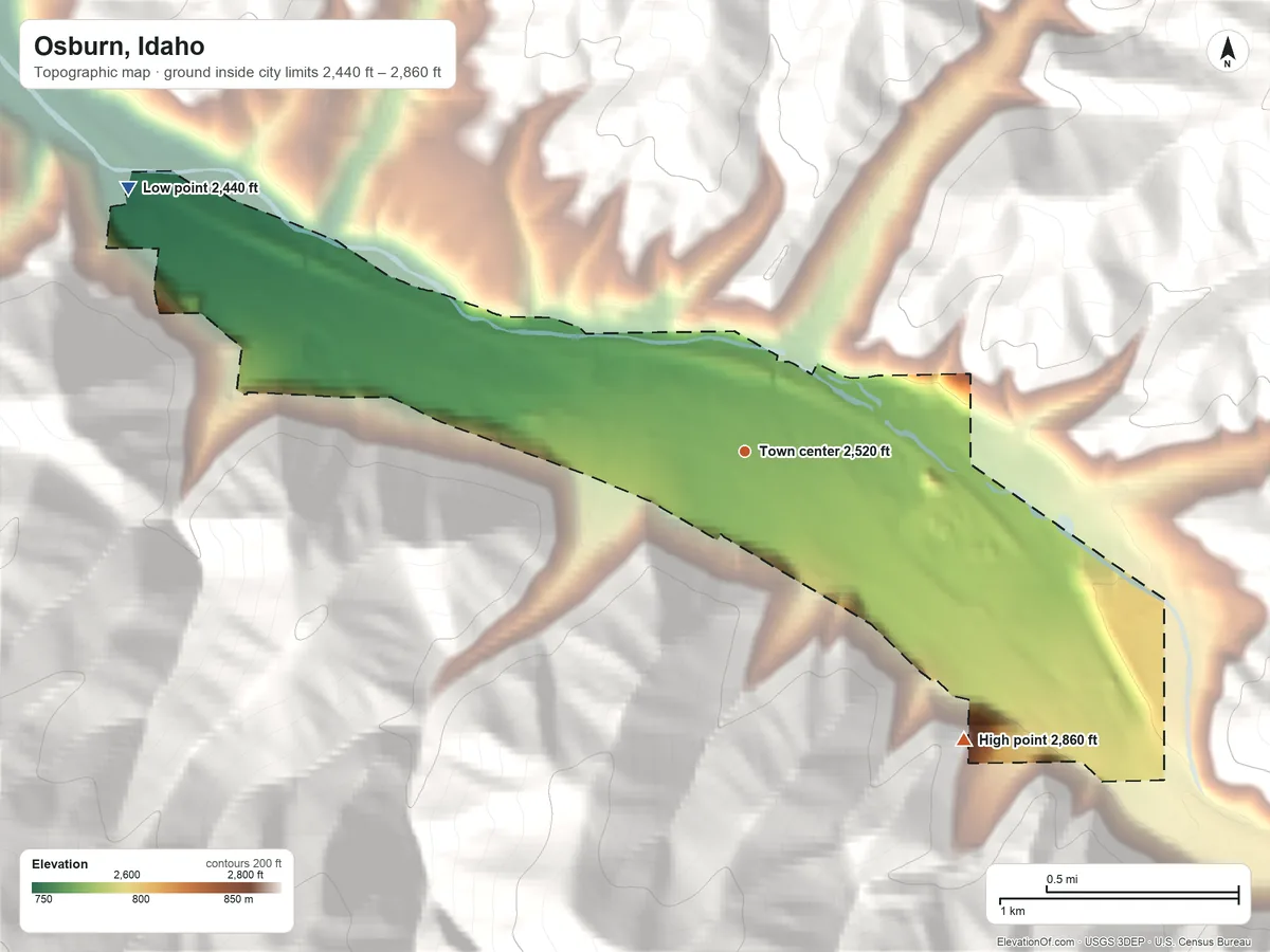 Topographic elevation map of Osburn, Idaho, shaded from 2,440 ft on the northwest side to 2,860 ft at the foot of the St. Joe Mountains
