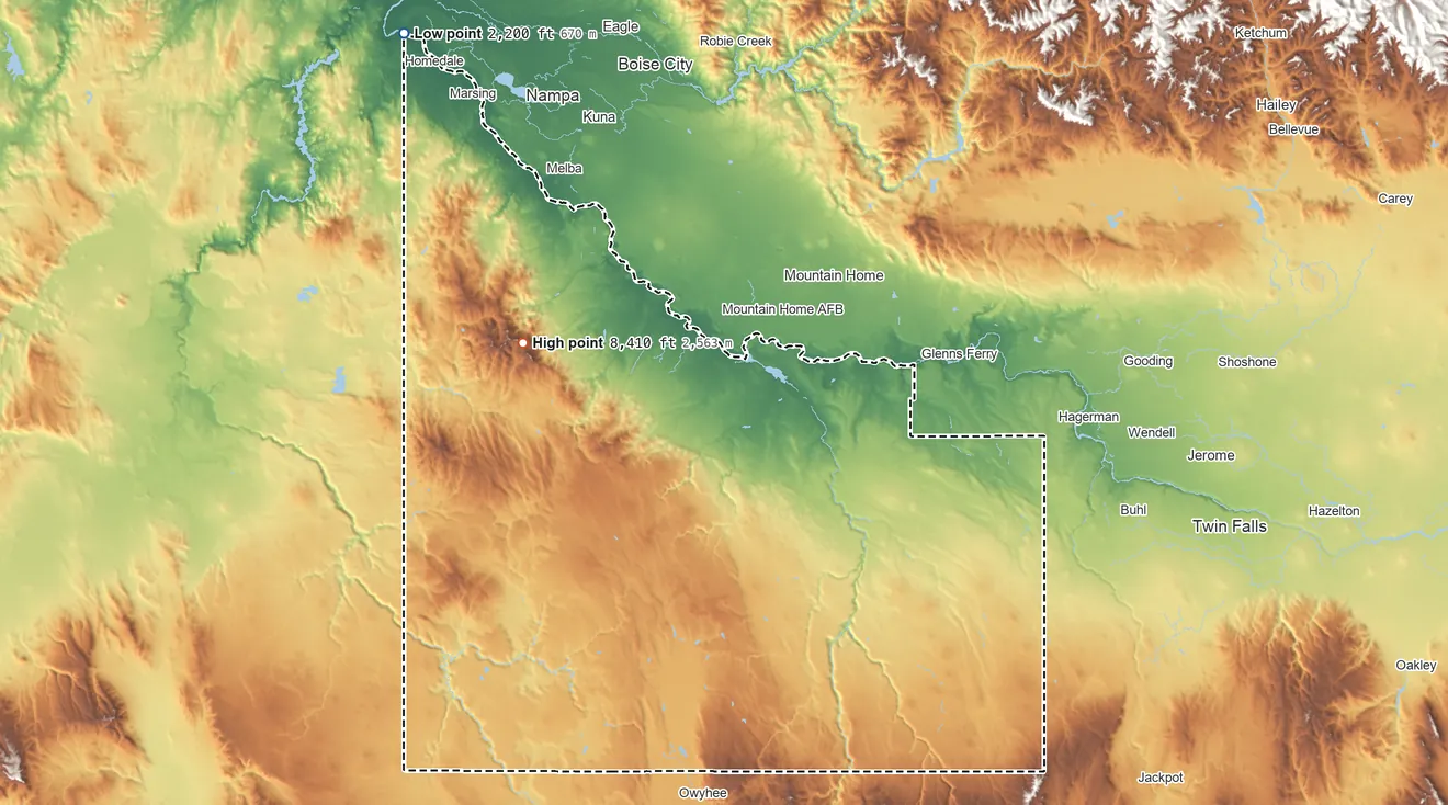 Topographic elevation map of Owyhee County, Idaho, shaded from 2,200 ft on the northwest side to 8,410 ft on Cinnabar Mountain