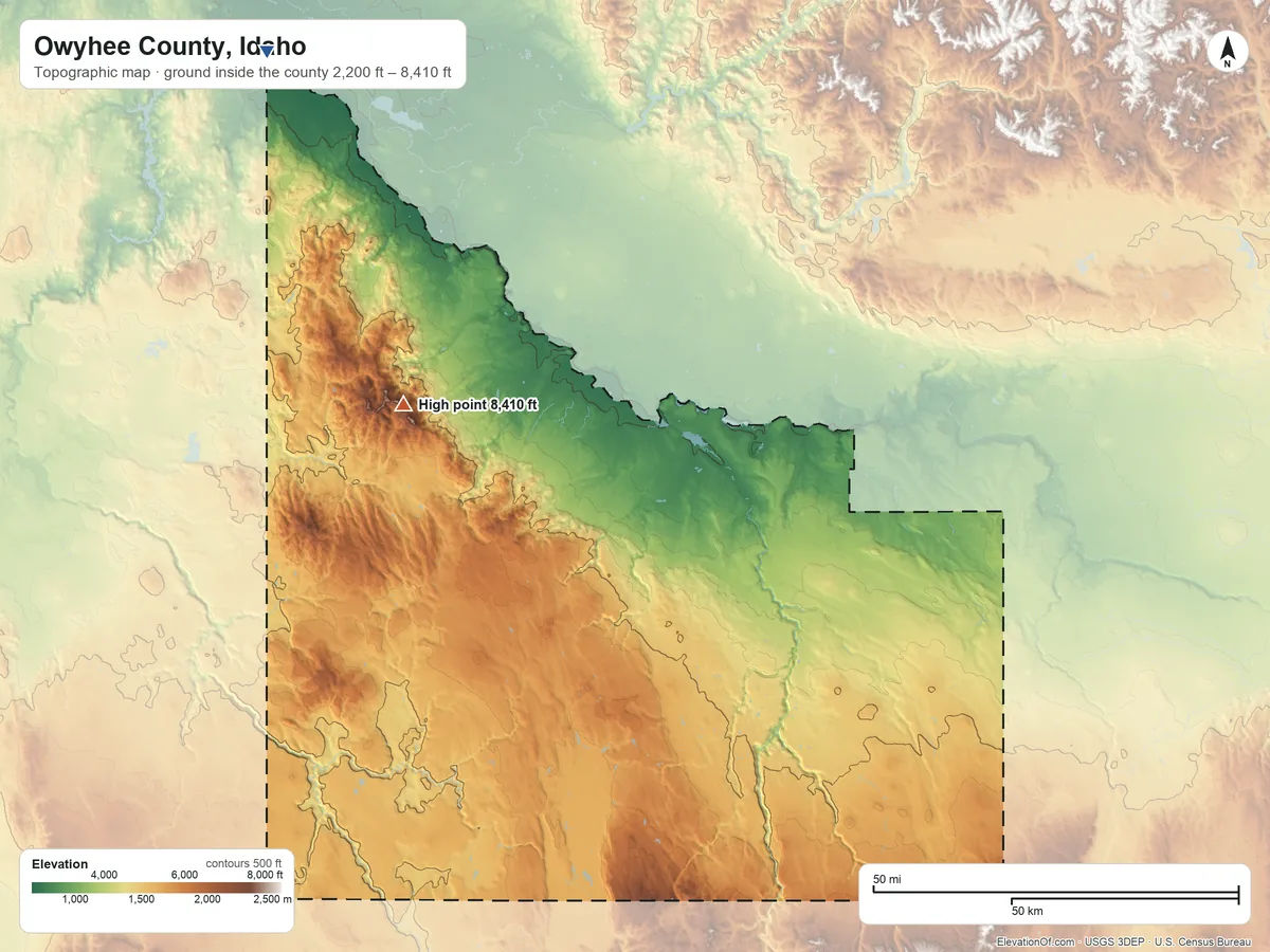 Topographic elevation map of Owyhee County, Idaho, shaded from 2,200 ft on the northwest side to 8,410 ft on Cinnabar Mountain