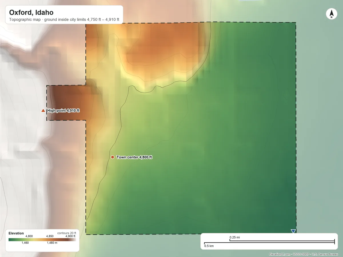 Topographic elevation map of Oxford, Idaho, shaded from 4,750 ft on the east side to 4,910 ft at the foot of the Malad Range
