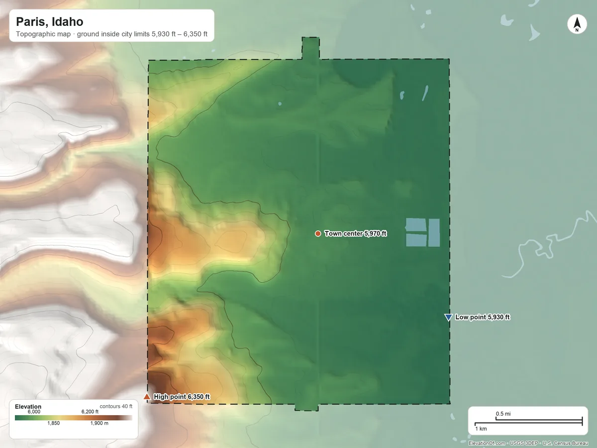 Topographic elevation map of Paris, Idaho, shaded from 5,930 ft on the southeast side to 6,350 ft at the foot of the Sheep Creek Hills