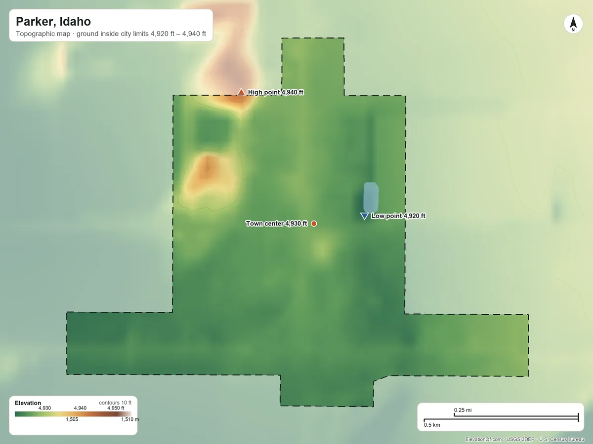Topographic elevation map of Parker, Idaho, shaded from 4,920 ft near the middle to 4,940 ft on the northwest side
