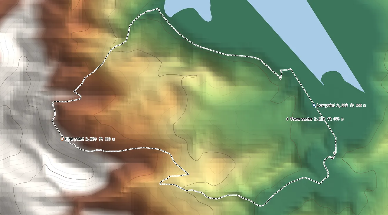 Topographic elevation map of Parkline, Idaho, shaded from 2,130 ft near the middle to 2,880 ft on the west edge, below higher ground just outside
