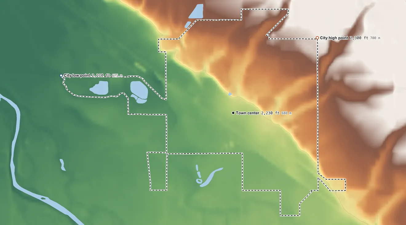 Topographic elevation map of Parma, Idaho, shaded from 2,210 ft on the west side to 2,300 ft on the northeast side