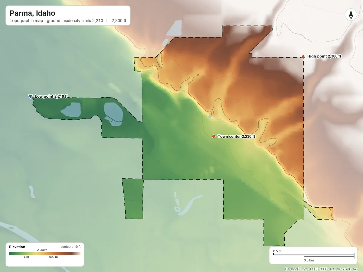 Topographic elevation map of Parma, Idaho, shaded from 2,210 ft on the west side to 2,300 ft on the northeast side