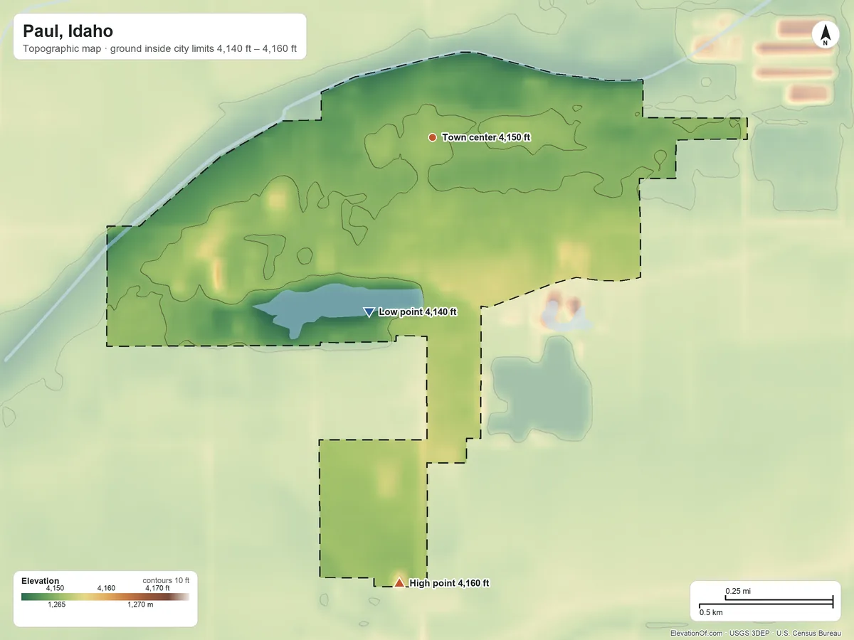Topographic elevation map of Paul, Idaho, shaded from 4,140 ft on the south side to 4,160 ft on the south side