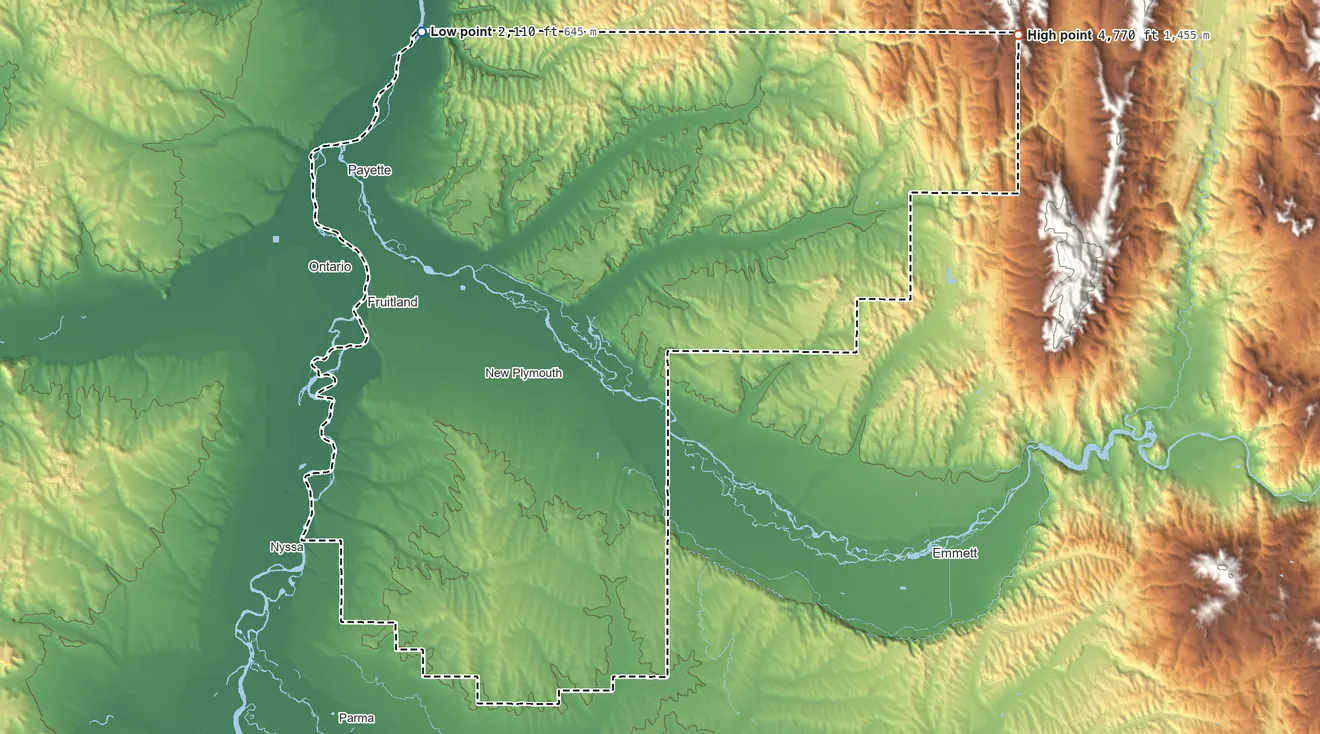 Topographic elevation map of Payette County, Idaho, shaded from 2,110 ft on the northwest side to 4,770 ft on the northeast side