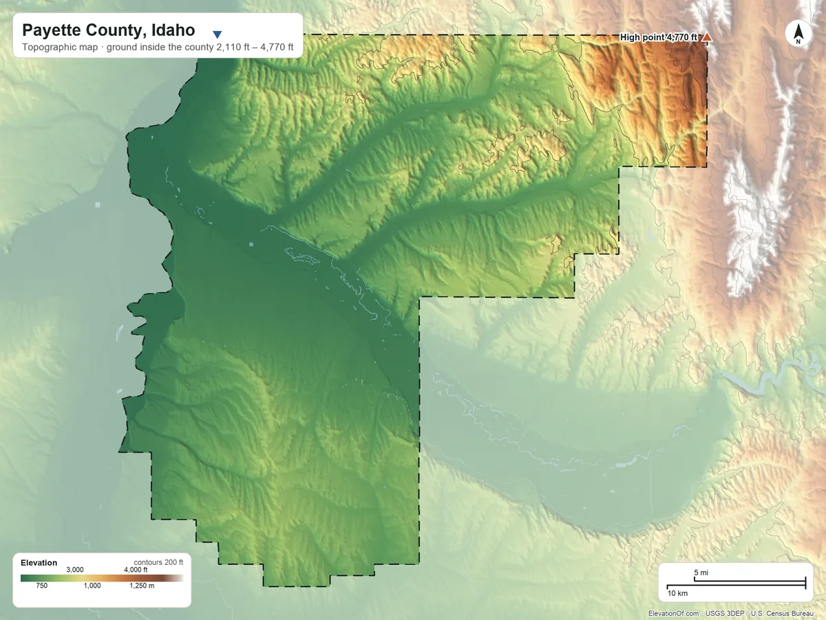Topographic elevation map of Payette County, Idaho, shaded from 2,110 ft on the northwest side to 4,770 ft on the northeast side