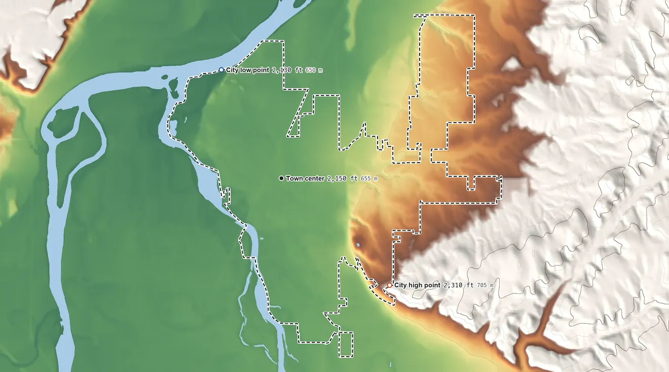 Topographic elevation map of Payette, Idaho, shaded from 2,130 ft on the northwest side to 2,310 ft on the southeast side