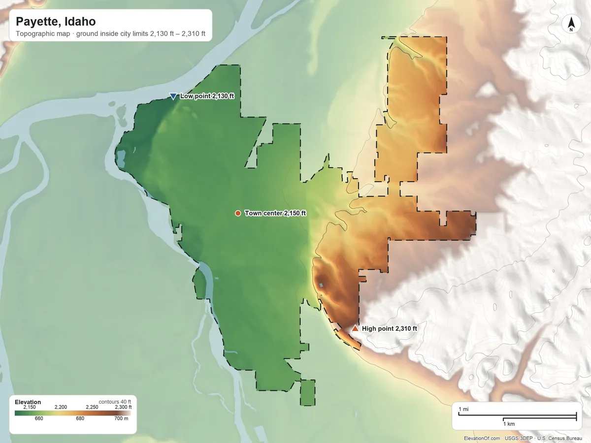 Topographic elevation map of Payette, Idaho, shaded from 2,130 ft on the northwest side to 2,310 ft on the southeast side