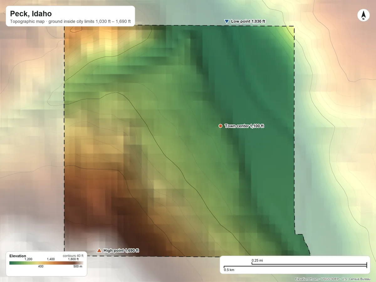 Topographic elevation map of Peck, Idaho, shaded from 1,030 ft on the north side to 1,690 ft on the southwest edge, below higher ground just outside