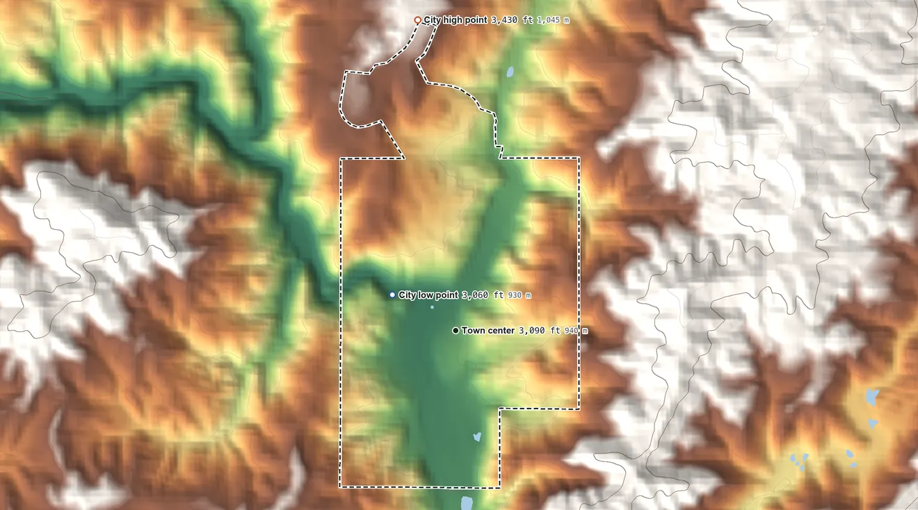 Topographic elevation map of Pierce, Idaho, shaded from 3,060 ft on the northwest side to 3,430 ft on the north side