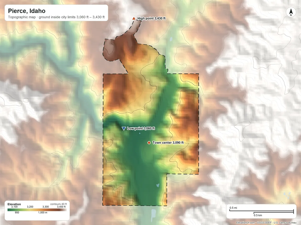 Topographic elevation map of Pierce, Idaho, shaded from 3,060 ft on the northwest side to 3,430 ft on the north side