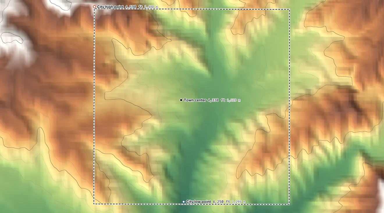 Topographic elevation map of Placerville, Idaho, shaded from 4,250 ft on the south side to 4,590 ft on the northwest edge, below higher ground just outside