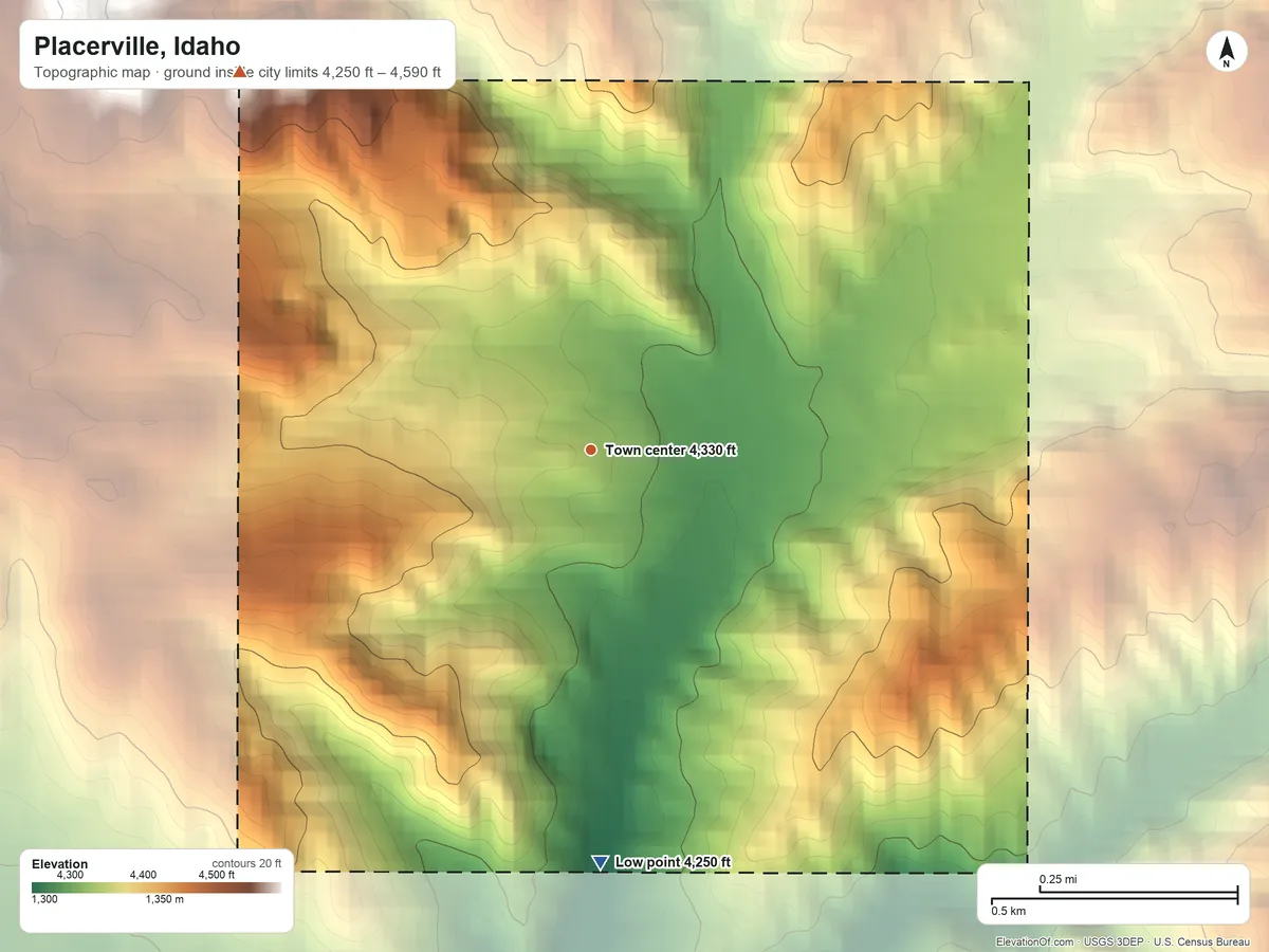 Topographic elevation map of Placerville, Idaho, shaded from 4,250 ft on the south side to 4,590 ft on the northwest edge, below higher ground just outside