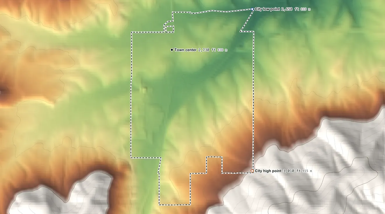 Topographic elevation map of Plummer, Idaho, shaded from 2,650 ft on the northeast side to 3,010 ft on the southeast edge, below higher ground just outside