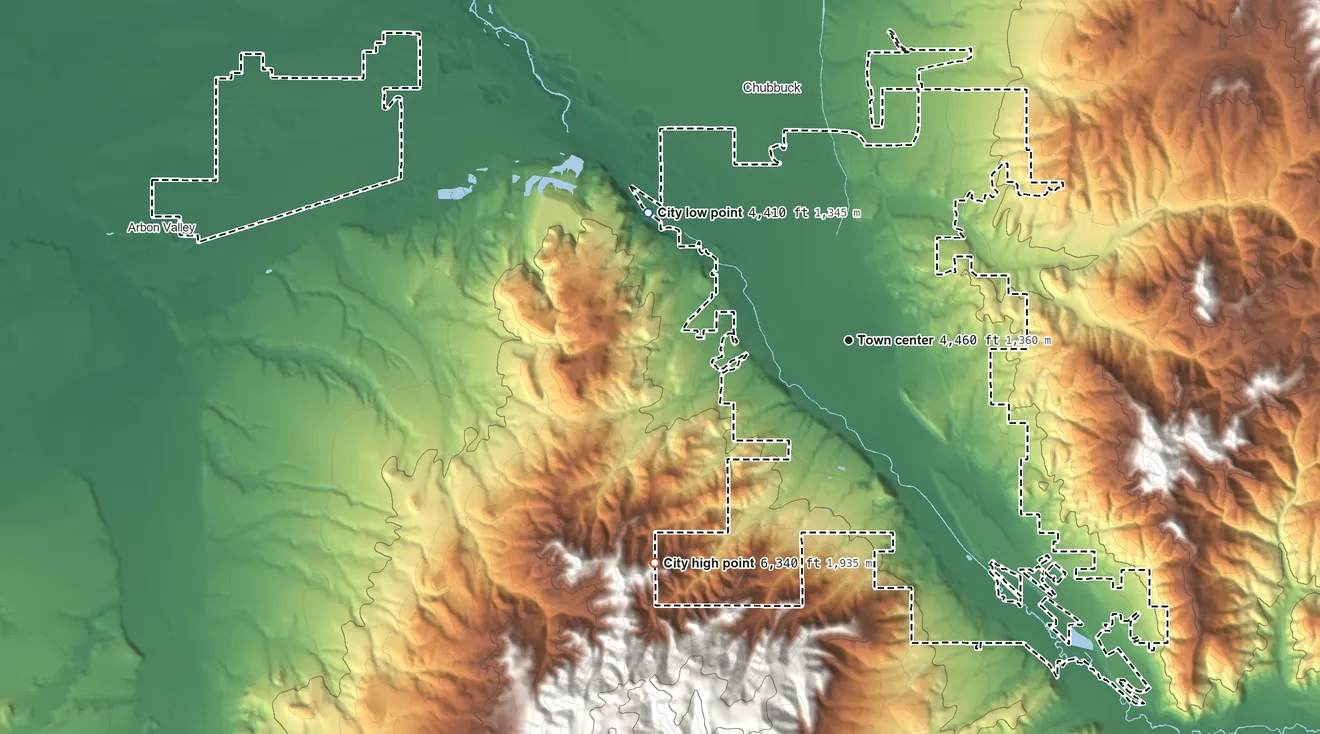 Topographic elevation map of Pocatello, Idaho, shaded from 4,410 ft on the northwest side to 6,340 ft at the foot of the Pocatello Range