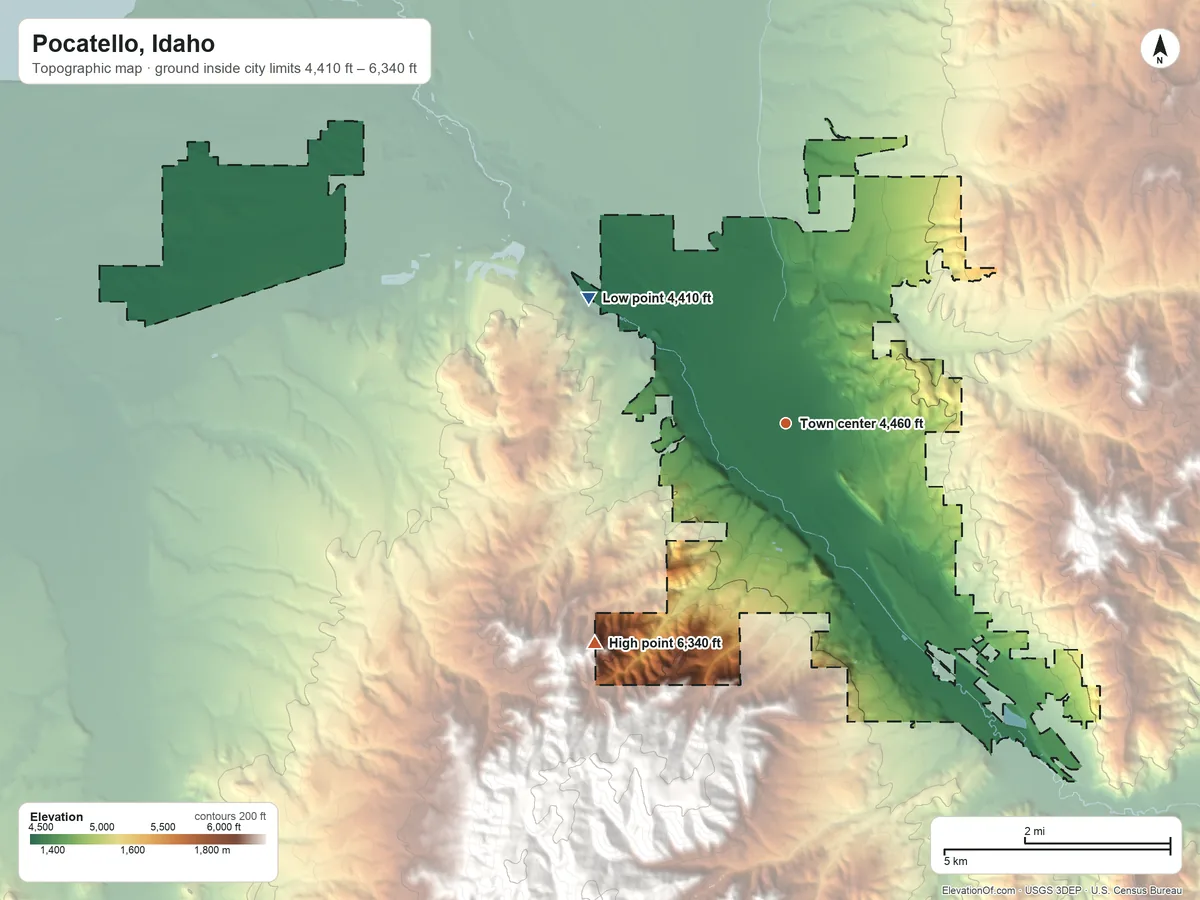 Topographic elevation map of Pocatello, Idaho, shaded from 4,410 ft on the northwest side to 6,340 ft at the foot of the Pocatello Range