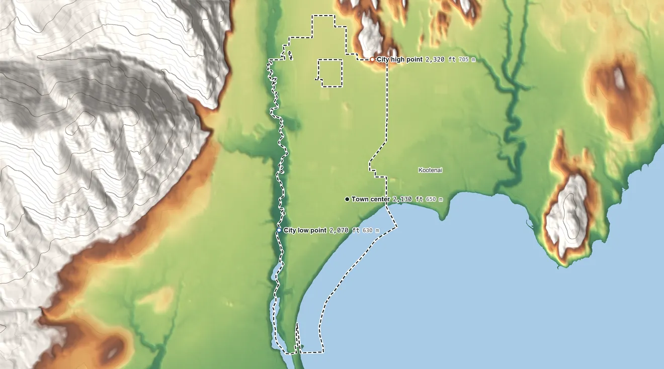 Topographic elevation map of Ponderay, Idaho, shaded from 2,070 ft on the southwest side to 2,320 ft on the north edge, below higher ground just outside