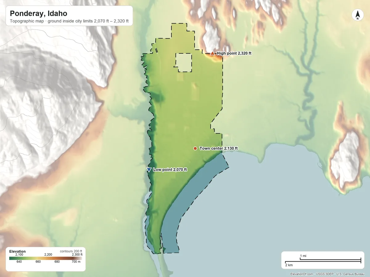 Topographic elevation map of Ponderay, Idaho, shaded from 2,070 ft on the southwest side to 2,320 ft on the north edge, below higher ground just outside