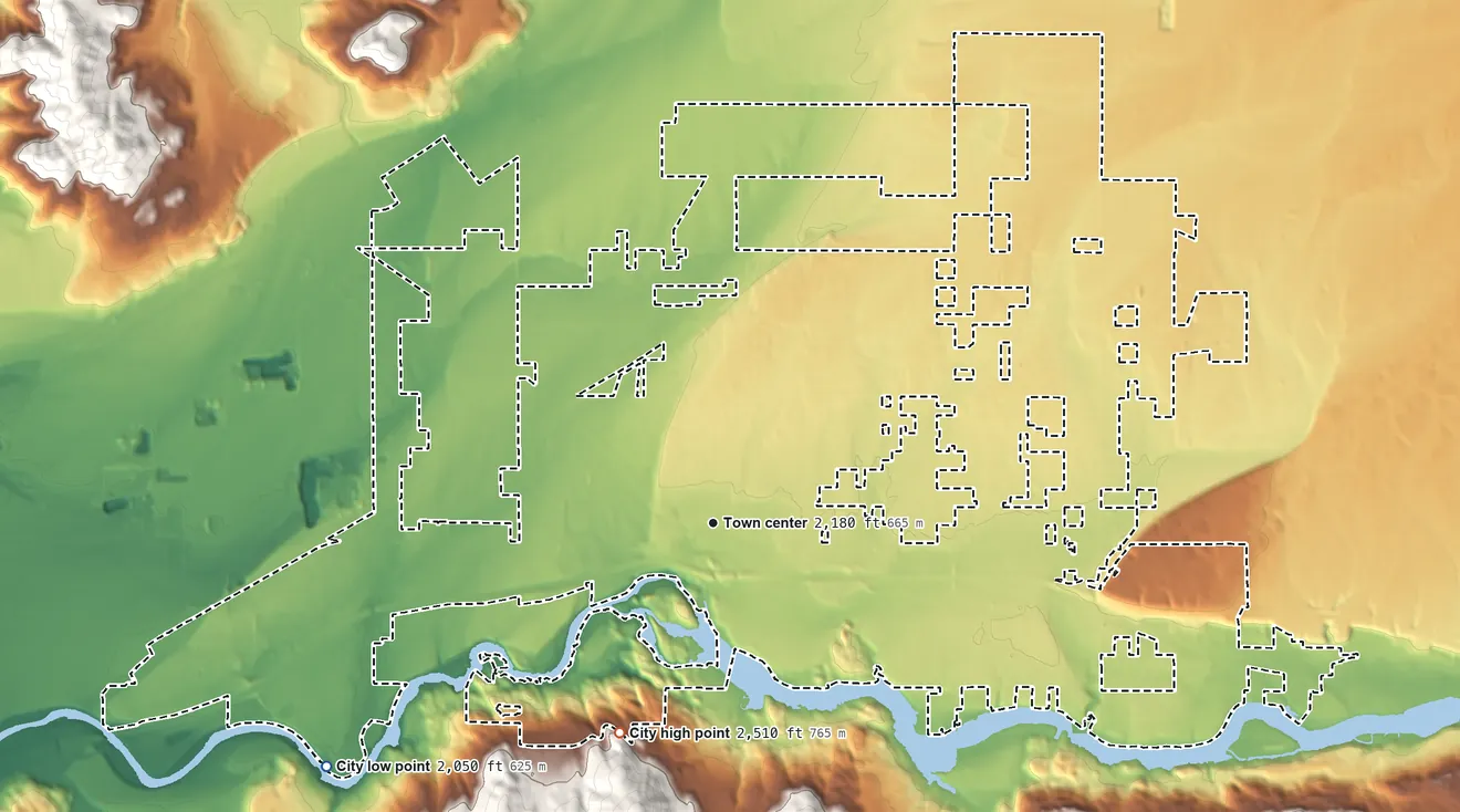 Topographic elevation map of Post Falls, Idaho, shaded from 2,050 ft on the southwest side to 2,510 ft on the southwest edge, below higher ground just outside