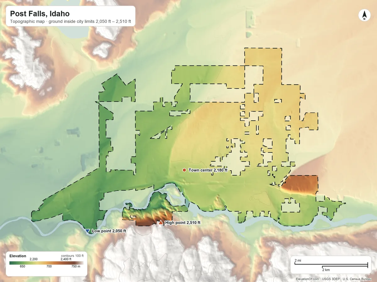 Topographic elevation map of Post Falls, Idaho, shaded from 2,050 ft on the southwest side to 2,510 ft on the southwest edge, below higher ground just outside