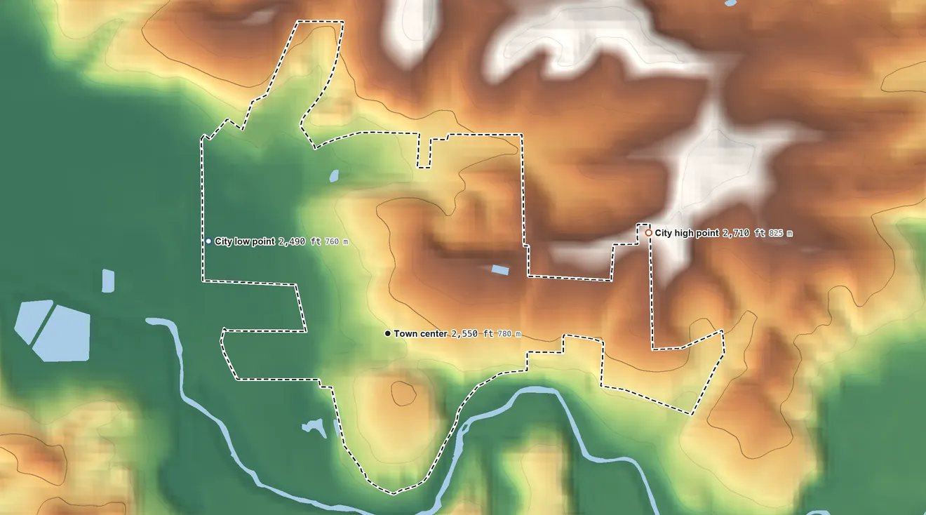 Topographic elevation map of Potlatch, Idaho, shaded from 2,490 ft on the northwest side to 2,710 ft on the east side