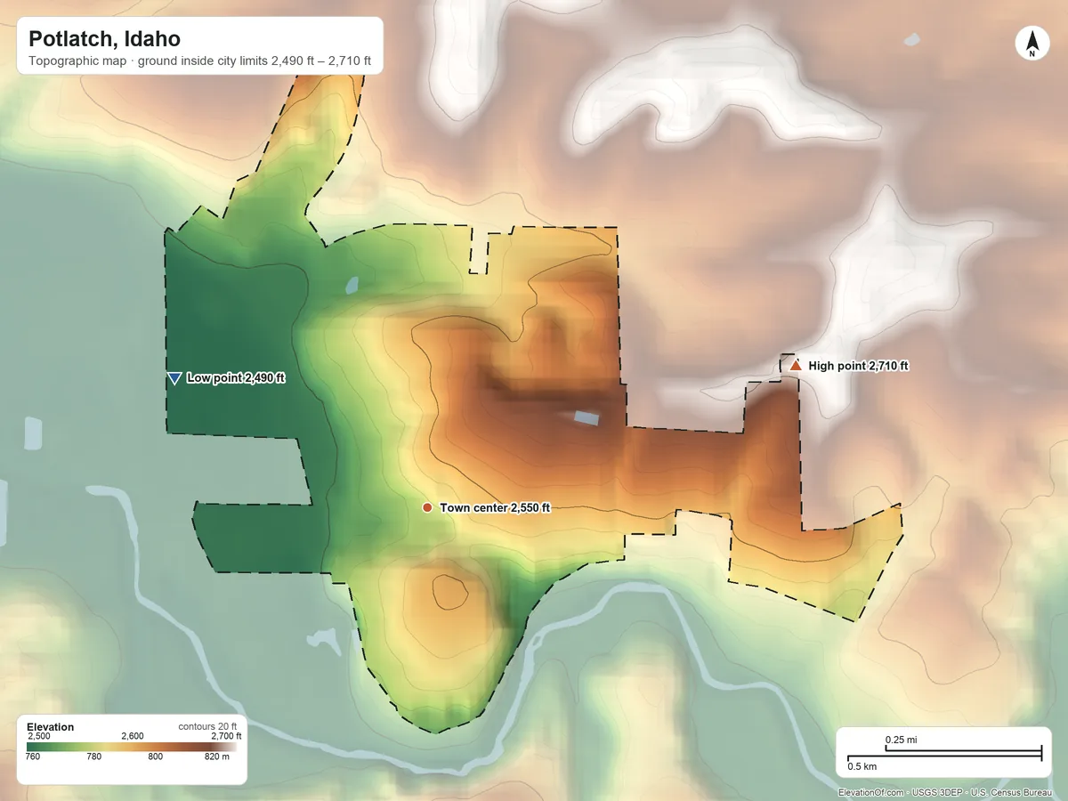 Topographic elevation map of Potlatch, Idaho, shaded from 2,490 ft on the northwest side to 2,710 ft on the east side