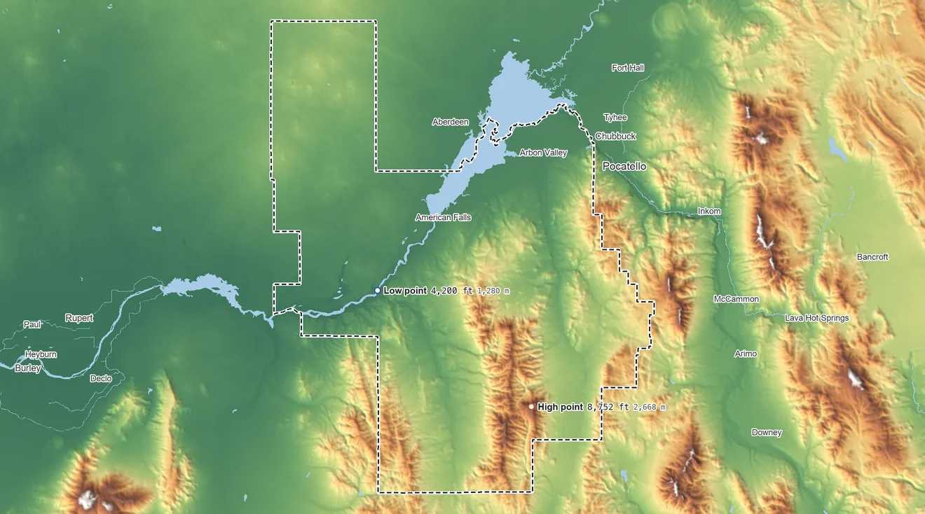 Topographic elevation map of Power County, Idaho, shaded from 4,200 ft on the west side to 8,752 ft on Deep Creek Peak