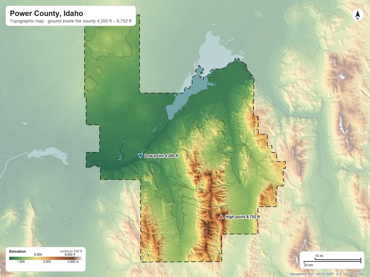 Topographic elevation map of Power County, Idaho, shaded from 4,200 ft on the west side to 8,752 ft on Deep Creek Peak