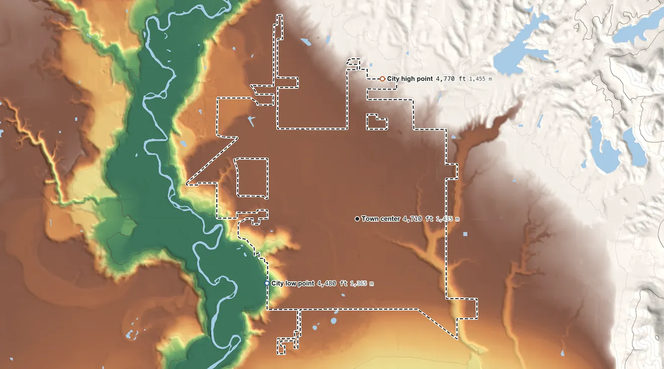 Topographic elevation map of Preston, Idaho, shaded from 4,480 ft on the southwest side to 4,770 ft on the north side