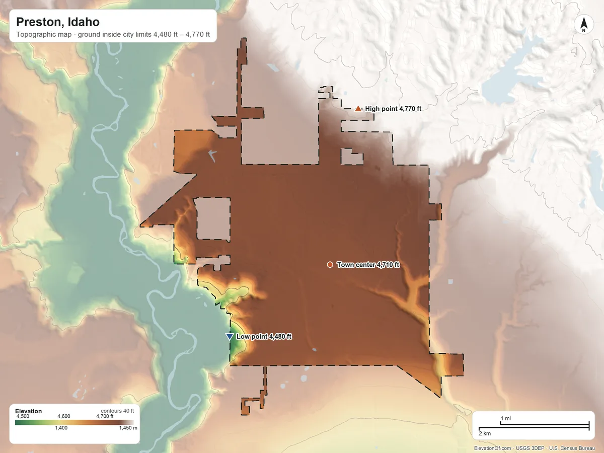Topographic elevation map of Preston, Idaho, shaded from 4,480 ft on the southwest side to 4,770 ft on the north side