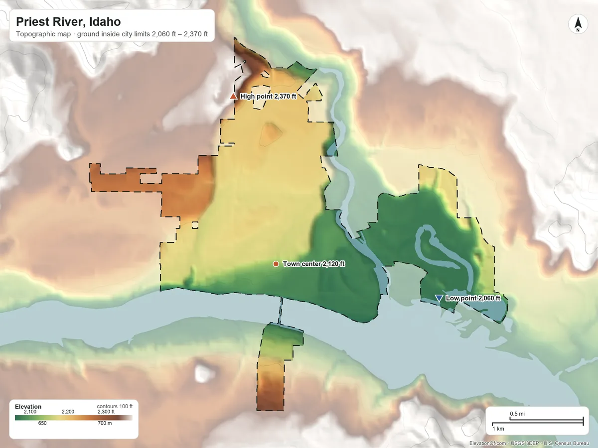Topographic elevation map of Priest River, Idaho, shaded from 2,060 ft on the east side to 2,370 ft on the north edge, below higher ground just outside