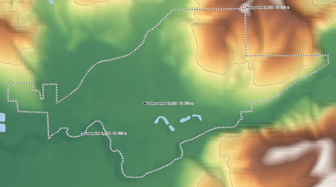 Topographic elevation map of Princeton, Idaho, shaded from 2,500 ft on the southwest side to 2,750 ft on the northeast side