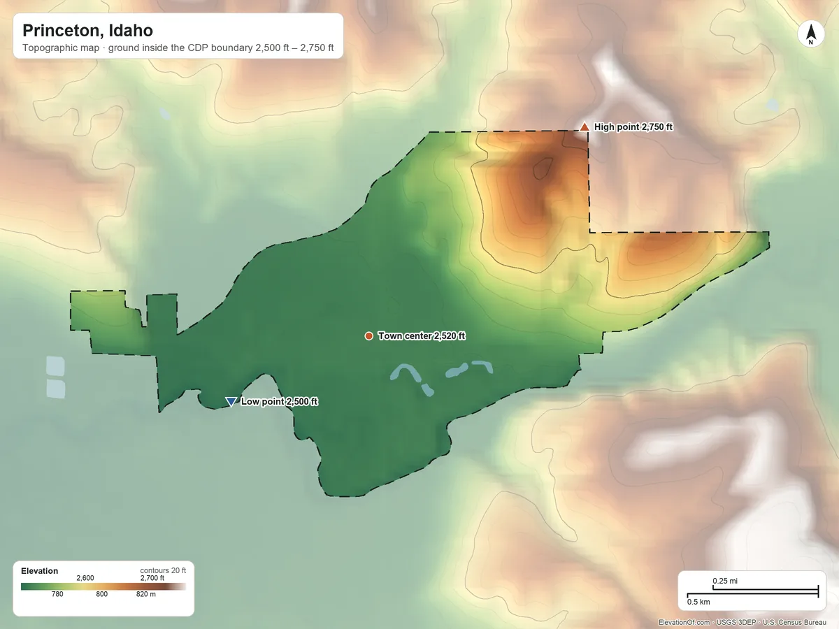 Topographic elevation map of Princeton, Idaho, shaded from 2,500 ft on the southwest side to 2,750 ft on the northeast side