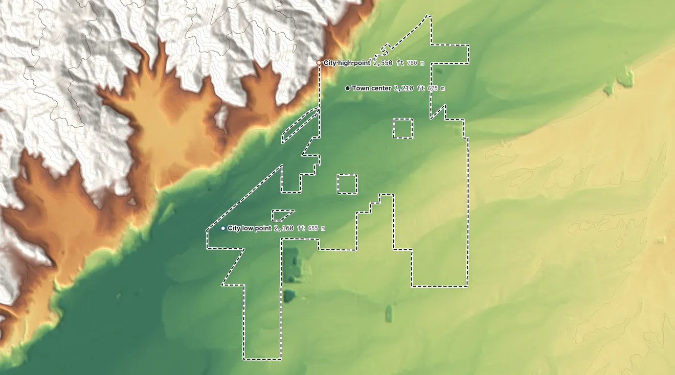 Topographic elevation map of Rathdrum, Idaho, shaded from 2,160 ft on the southwest side to 2,550 ft on the northwest edge, below higher ground just outside
